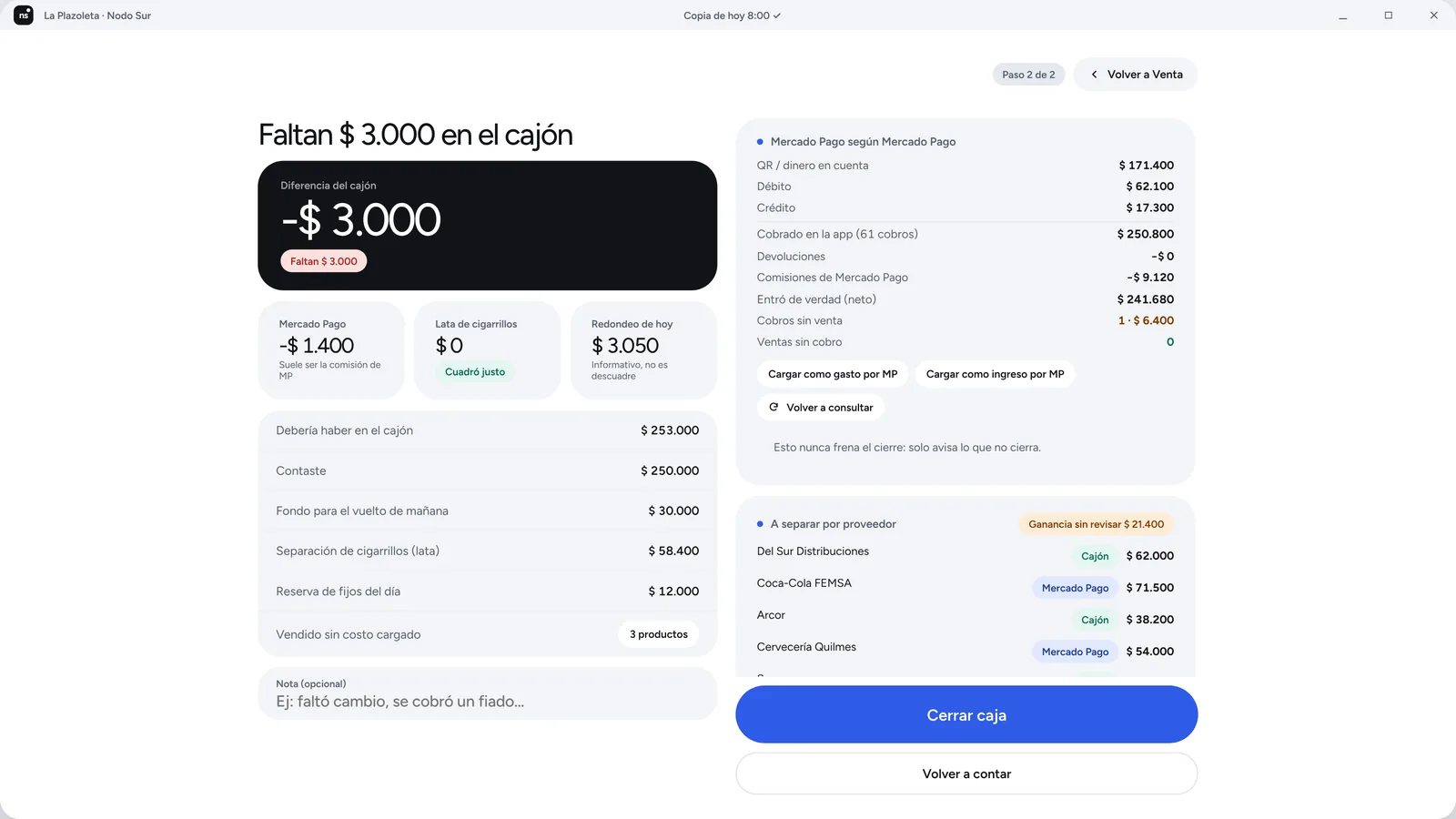 Cierre de caja con la diferencia en vivo