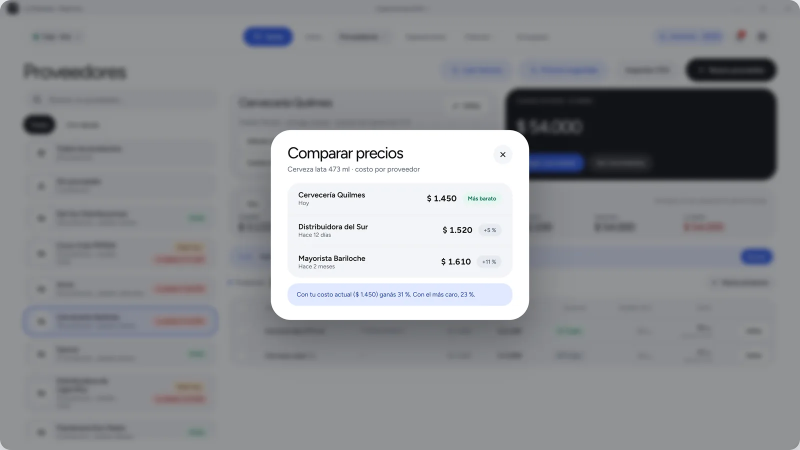 Comparar el costo de un producto entre proveedores