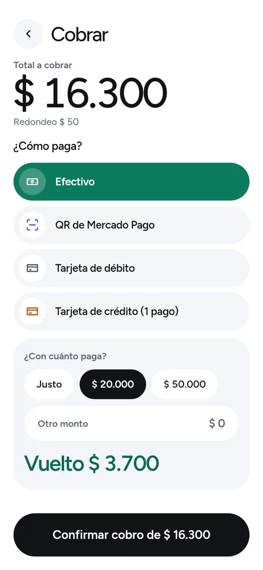 Cobro en efectivo con vuelto en el celular