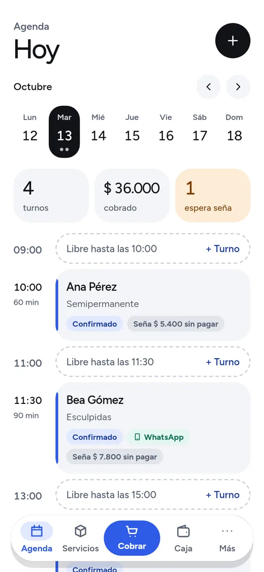 Agenda del día: turnos por hora, huecos libres y señas