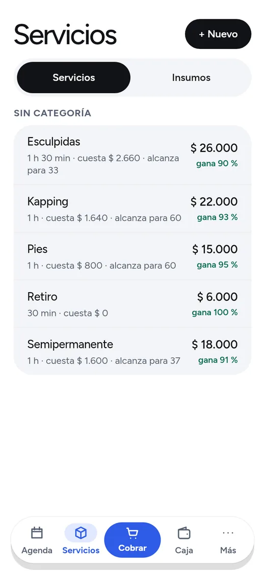 Pantalla de servicios con lo que cuesta y lo que te deja cada uno